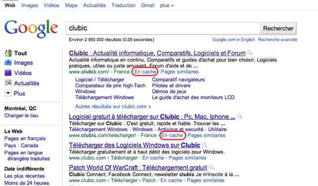 Screen de l'ancien cache de google