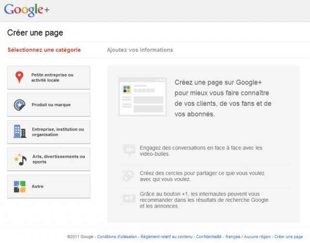 La page de création d'une page Google+