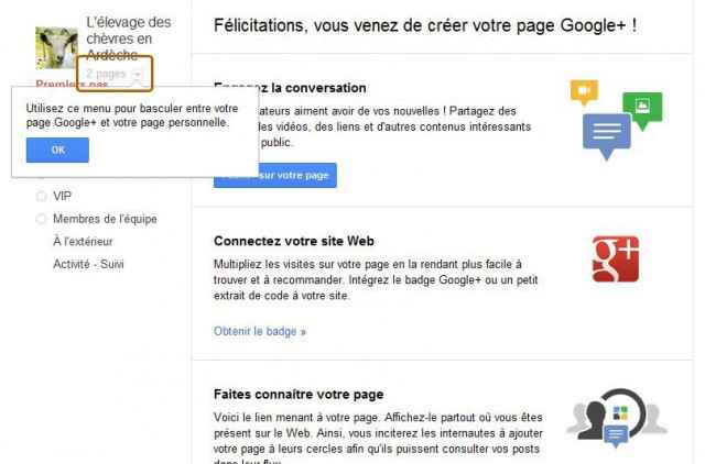 Passez de votre page à votre compte Google+