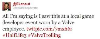 Le tweet de @Ekanaut au sujet du tee shirt de Half Life 3