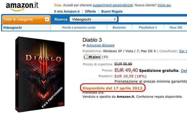 Diablo 3 - Sortie le 17 avril 2012 d'après Amazon.it