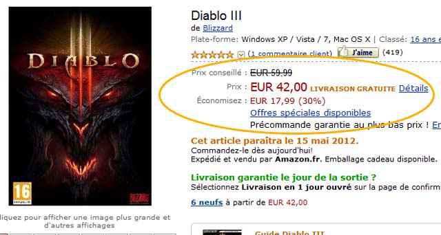  Diablo 3 (- 30%) - 42€ et livraison gratuite sur Amazon.fr
