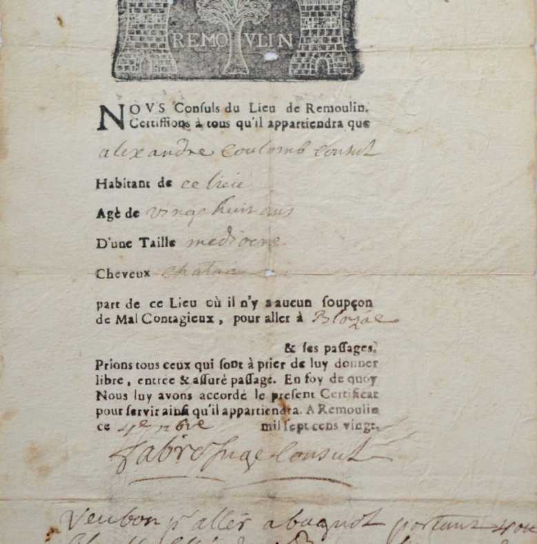 Une attestation de déplacement dérogatoire datant de la grande épidémie de Peste de 1720