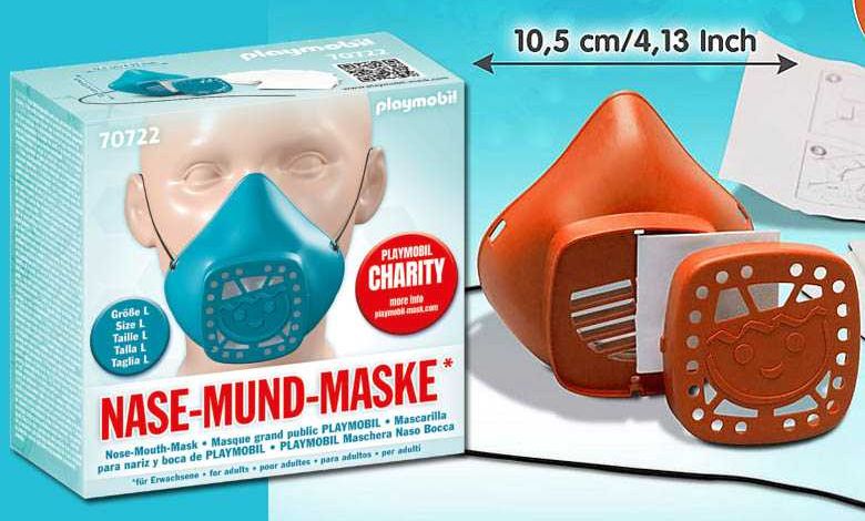 Playmobil propose des masques réutilisables à volonté avec filtres amovibles à 4,99€ (dont 1€ reversé aux Restos du Cœur)