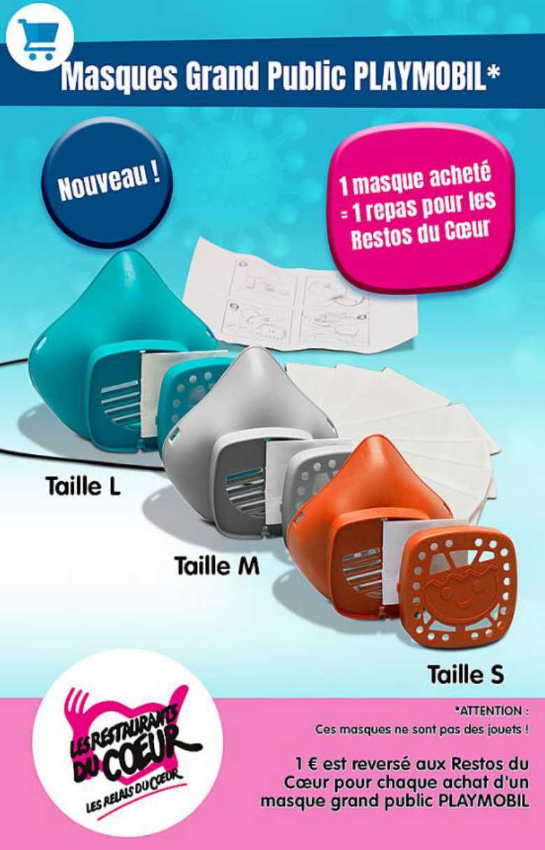 Playmobil propose des masques réutilisables à volonté avec filtres amovibles à 4,99€ (dont 1€ reversé aux Restos du Cœur)