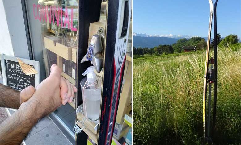 Deux savoyards inventent une borne distributrice de gel hydroalcoolique fabriquée à partir de skis mis au rebut !