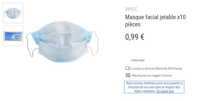 Le lot de 10 masques jetables de protection à moins de 1 € chez Leclerc