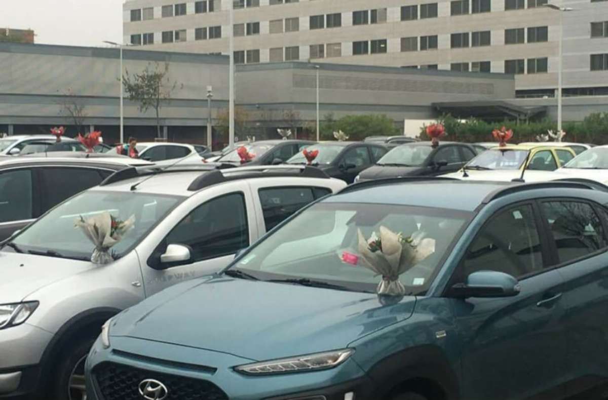 Une fleuriste dépose 400 bouquets invendus sur les voitures du personnel de l'hôpital de Perpignan