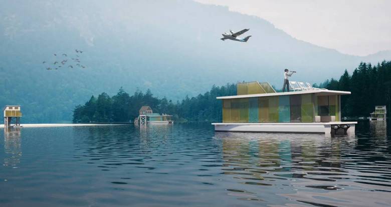 Tiny Eco Hôtel : un concept original de maison flottante disposant de son propre hangar à bateau