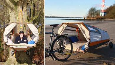 Il invente une remorque à vélo qui se transforme en tente à suspendre dans les arbres