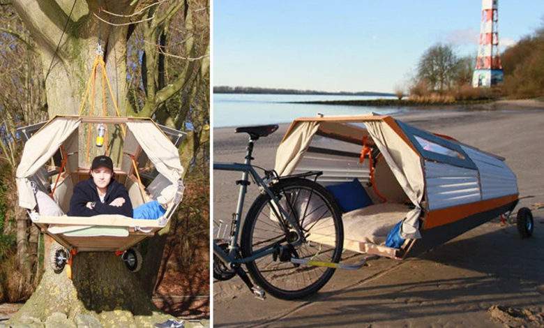 Il invente une remorque à vélo qui se transforme en tente à suspendre dans les arbres