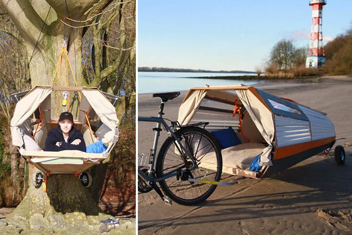 Il invente une remorque à vélo qui se transforme en tente à suspendre dans les arbres