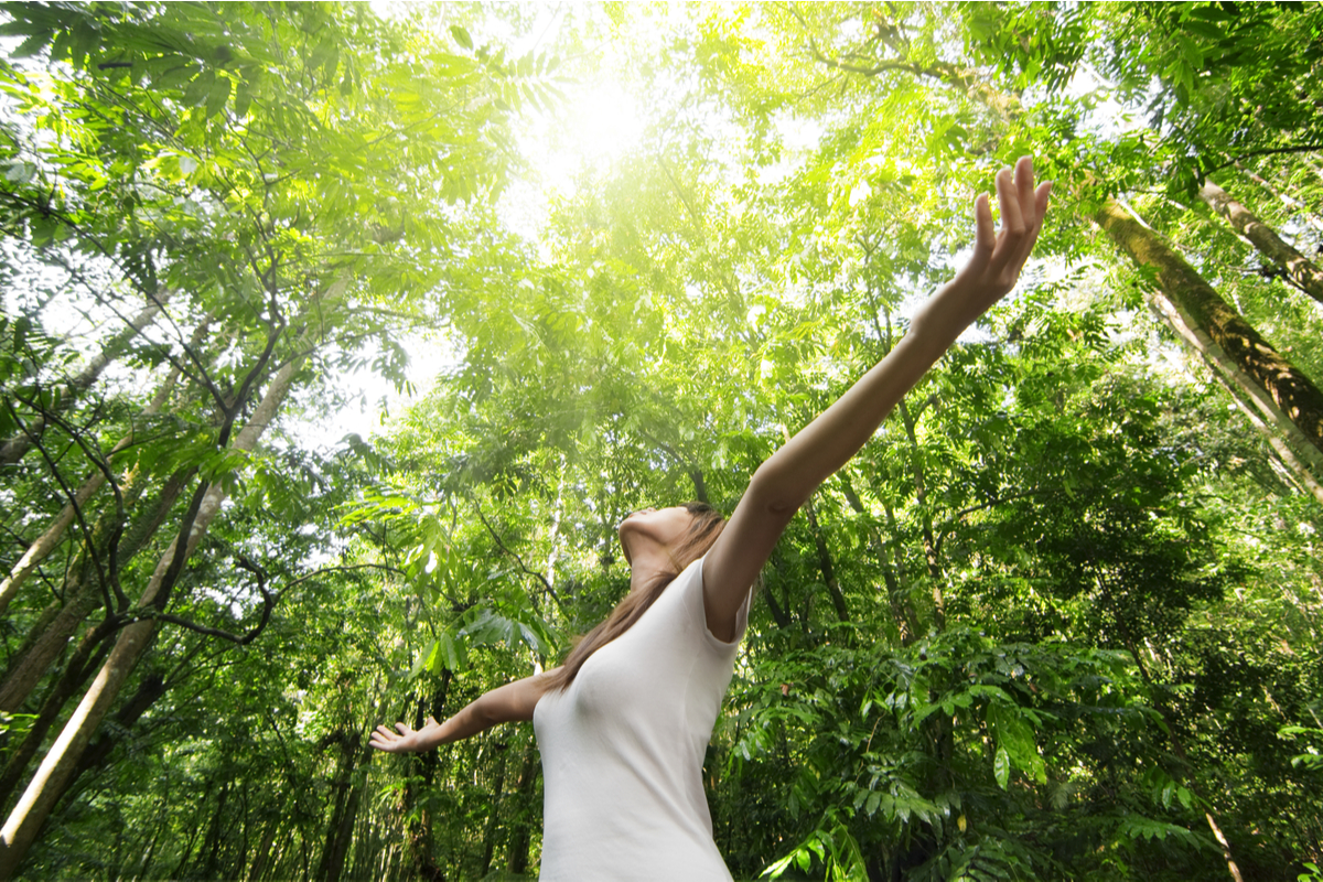 Profiter de la nature. Jeune femme bras levée savourant l'air frais dans la forêt verte.