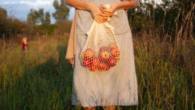 fille en robe tenant un sac à cordes avec des pomme