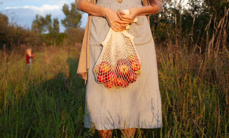 fille en robe tenant un sac à cordes avec des pomme