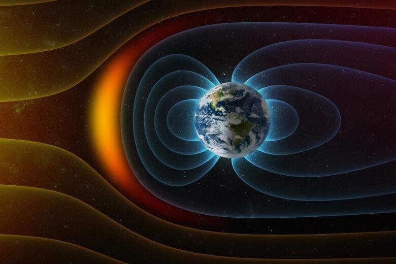 Champ magnétique protégeant la terre contre le vent solaire. 