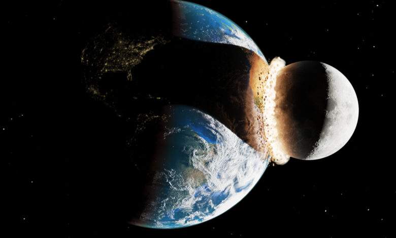 La lune qui s'écrase sur la terre.