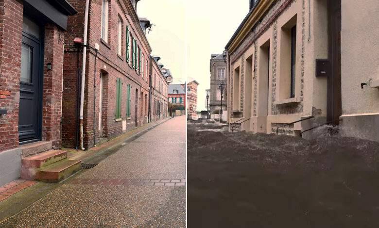 Inondation par la mer prévue en 2100 dans une rue d'Etretat