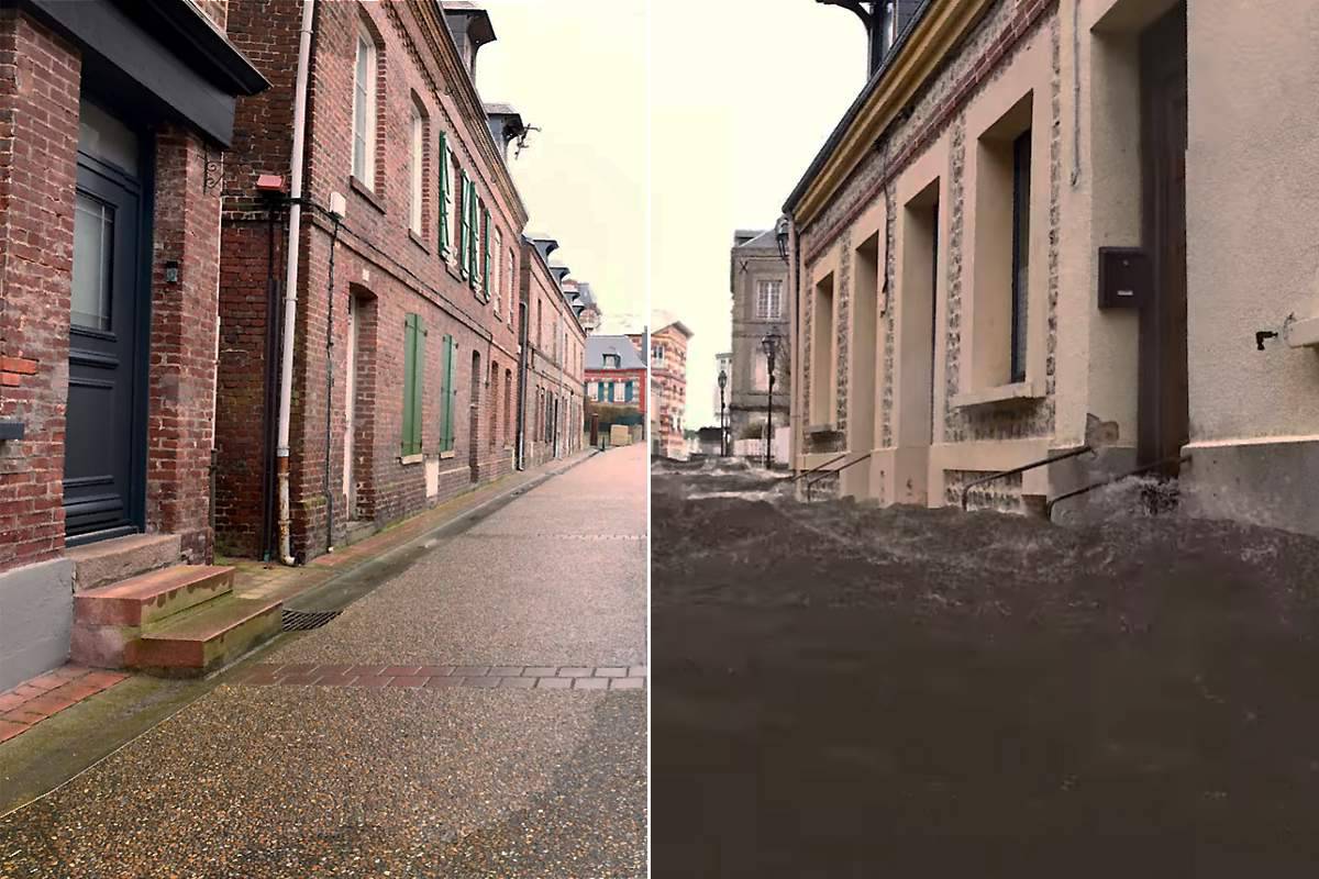 Inondation par la mer prévue en 2100 dans une rue d'Etretat