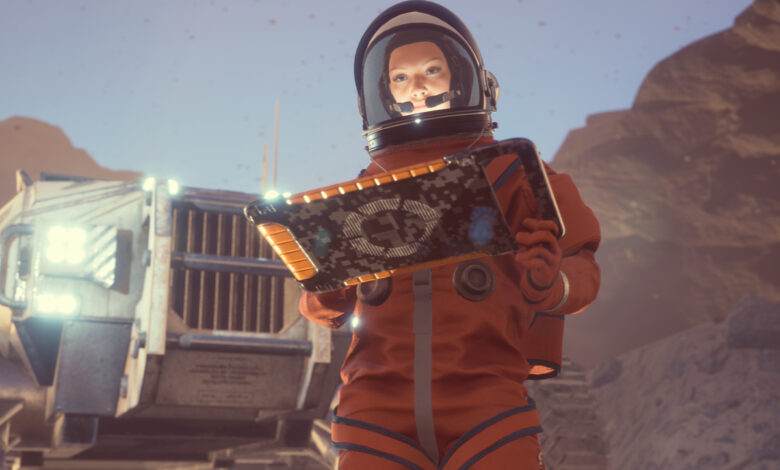 Une astronaute travaille avec une tablette à la surface d'une planète inexplorée