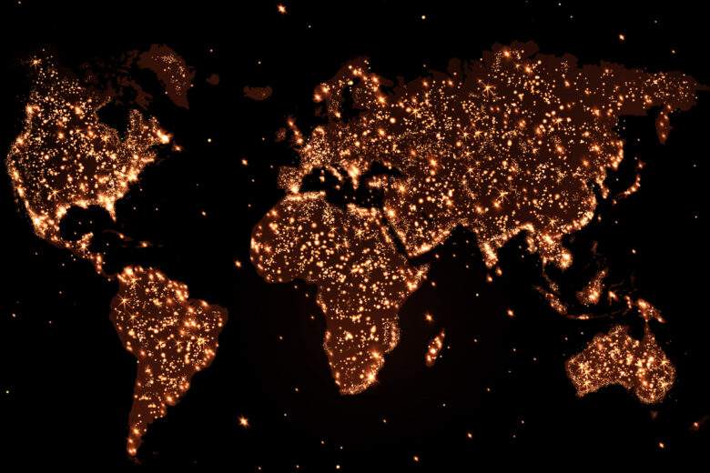 Carte abstraite du monde avec lumières la nuit