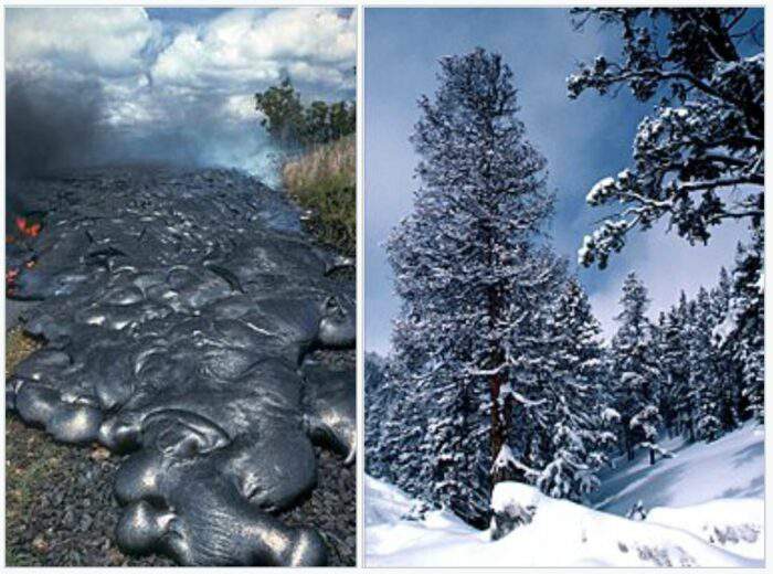 La lave a un albédo très faible et réfléchit peu la lumière : elle apparaît noire alors que la neige fraîche, avec un albédo très élevé, paraît très blanche.