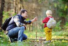 Le père et son petit fils marchant pendant les activités de randonnée dans la forêt automnale au coucher du soleil