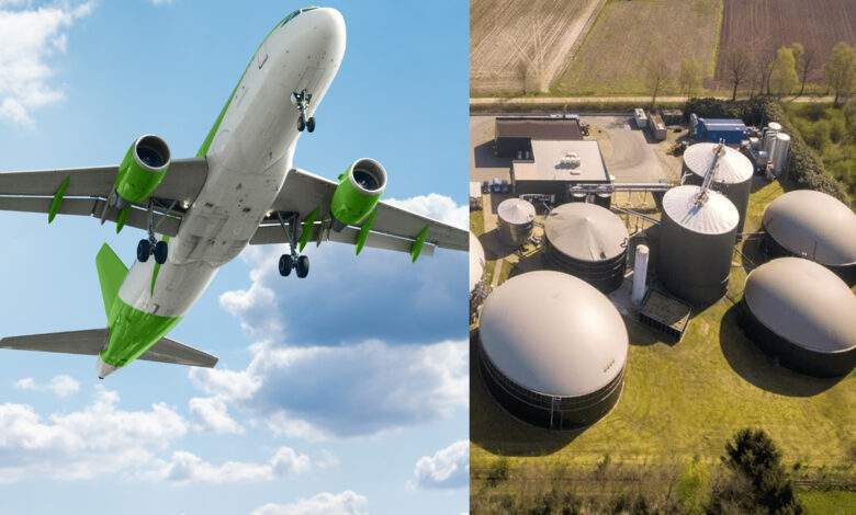 Un avions vert et une usine de biocarburant