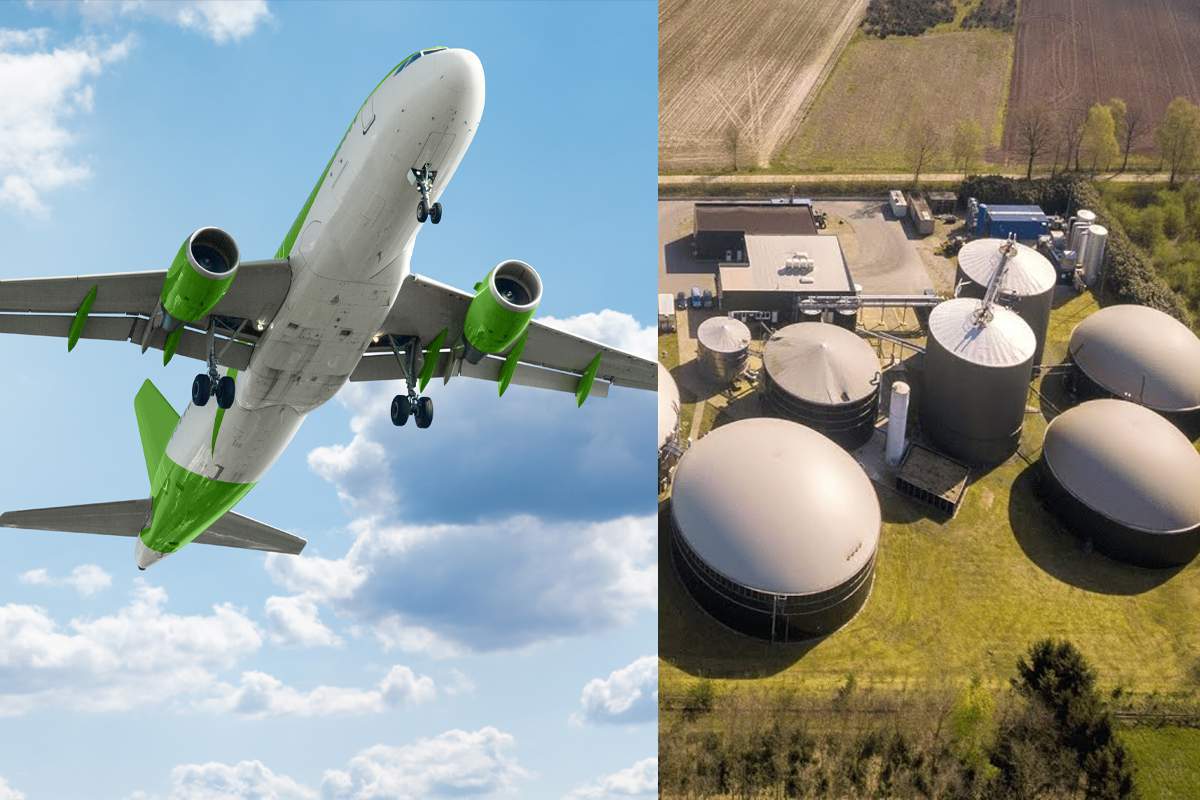 Un avions vert et une usine de biocarburant
