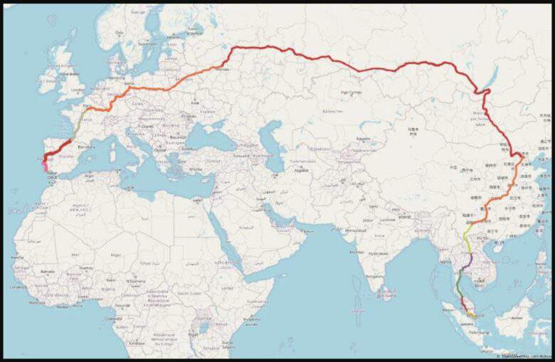 Le plus long trajet en train au monde (18755 km) reliant le Portugal à Singapour en 21 jours