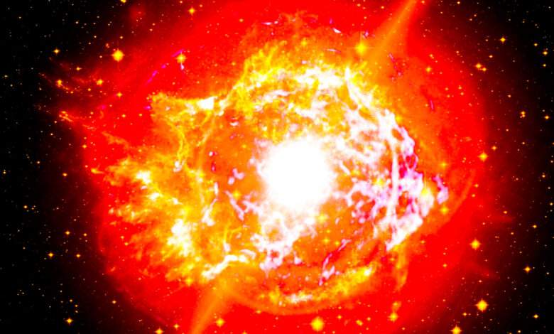 un rendu 3d d'une étoile hypergiante rouge explosant dans une énorme explosion d'hypernova libérant une énorme quantité d'énergie