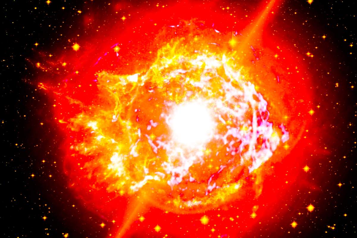un rendu 3d d'une étoile hypergiante rouge explosant dans une énorme explosion d'hypernova libérant une énorme quantité d'énergie