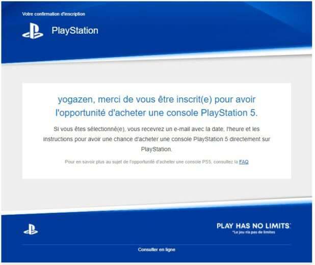 mail de confirmation de la liste d'attente de Sony pour précommander une PlayStation 5
