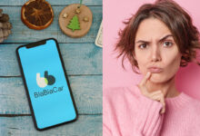 une femme méfiante et un smartphone affichant l'application Blablacar