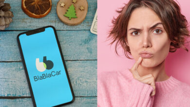 une femme méfiante et un smartphone affichant l'application Blablacar