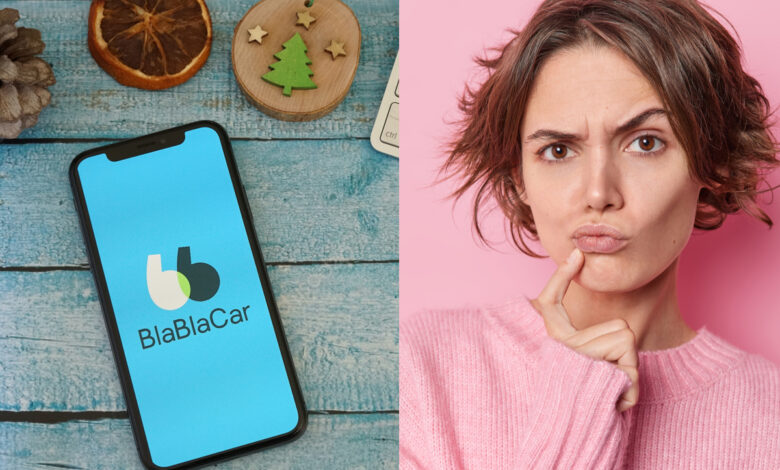 une femme méfiante et un smartphone affichant l'application Blablacar