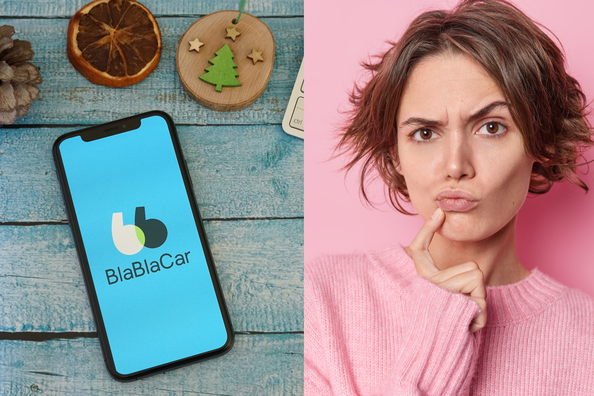 une femme méfiante et un smartphone affichant l'application Blablacar
