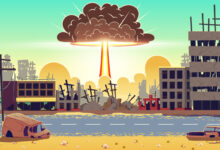 dessin de l'explosion d'une bombe nucléaire sur une ville