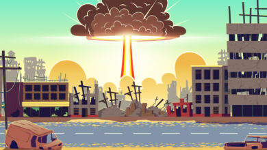 dessin de l'explosion d'une bombe nucléaire sur une ville