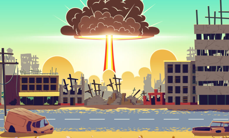 dessin de l'explosion d'une bombe nucléaire sur une ville