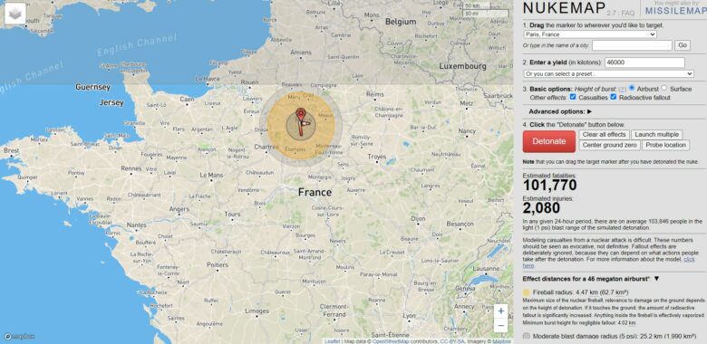 La carte de france avec une bombe nucléaire qui tombe sur Paris