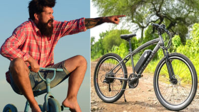 Une homme barbu sur une petite bicyclette à gauche et le dernier modèle de vélo électrique GoZero e-bike