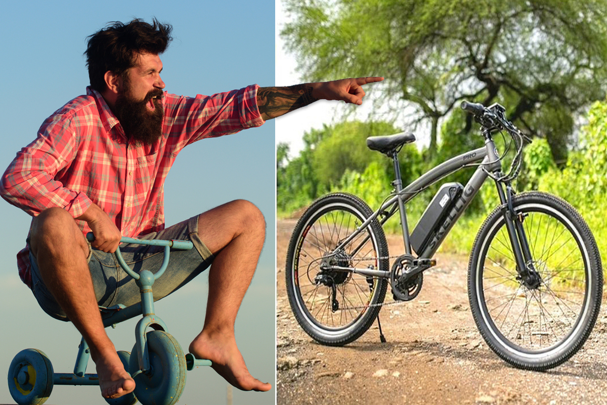 Une homme barbu sur une petite bicyclette à gauche et le dernier modèle de vélo électrique GoZero e-bike
