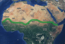 Tracé du grand mur vert d'arbres en Afrique
