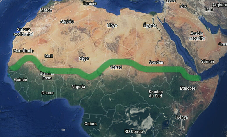 Tracé du grand mur vert d'arbres en Afrique