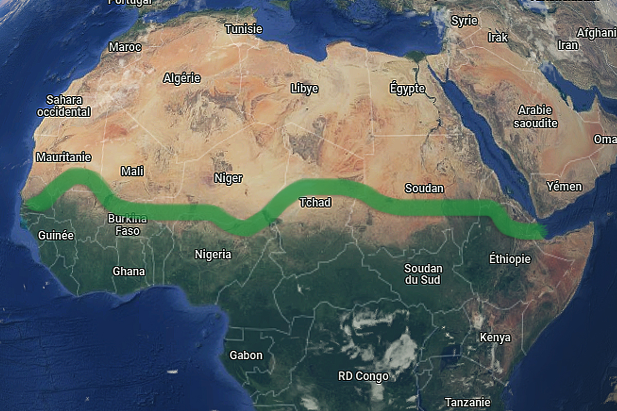 Tracé du grand mur vert d'arbres en Afrique