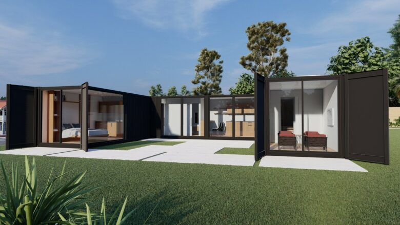 Une maison composée de 3 containers noirs