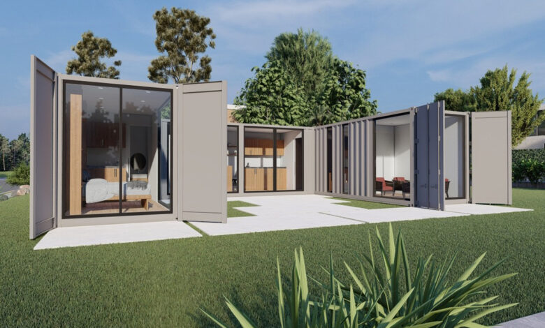 Une maison composée de 3 containers gris