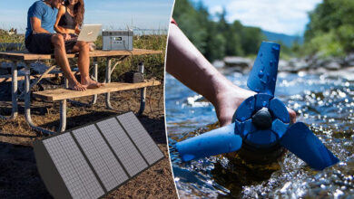 un panneau solaire portable et une hydrolienne