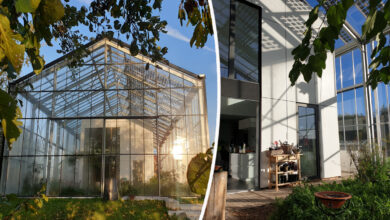 L'intérieur et l'extérieur d'une maison sous serre